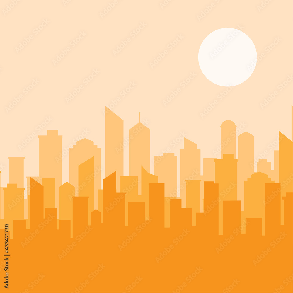 Vector flat cityscape. Urban silhoustte panoramas in the sunny afternoon.