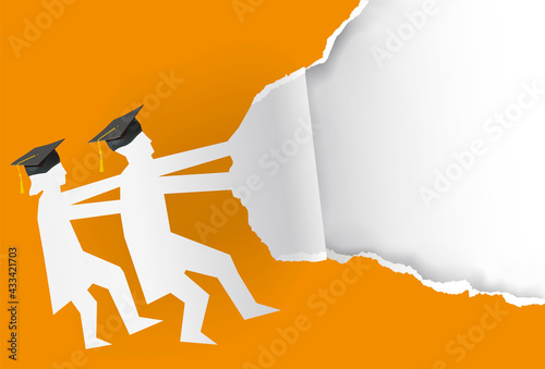 Two graduates, torn orange paper background.
Illustration of two students paper silhouette with mortarboard tearing paper. Template for announcement of graduations. Vector available.