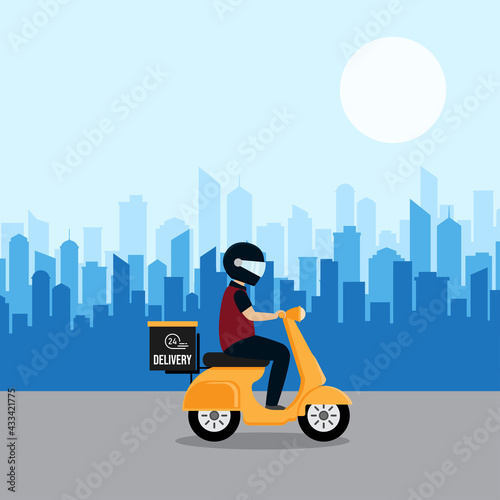 Vector delivery man at the scooter. Fast delivery. Delivery service by scooter concept.
