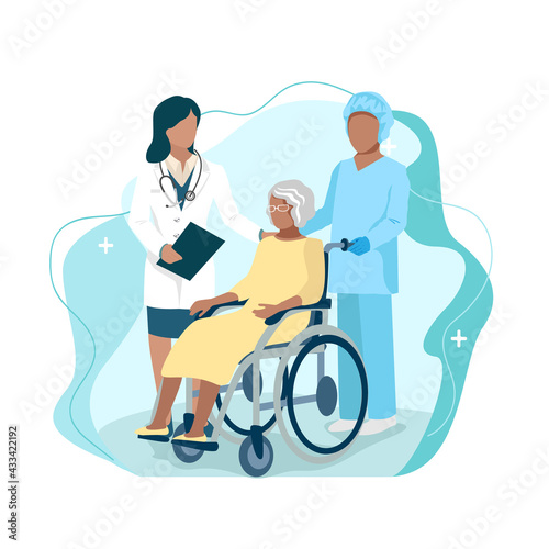 Nurse caring for the elderly. Medicine. Thanks to the nurses. Vector illustration template in flat style.