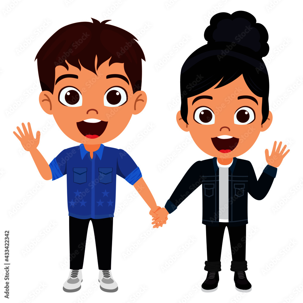 Happy cute kid boy and girl characters wearing beautiful outfit holding hands together and waving posing Happy cute kid boy and girl characters wearing beautiful outfit holding hands together and waving posing