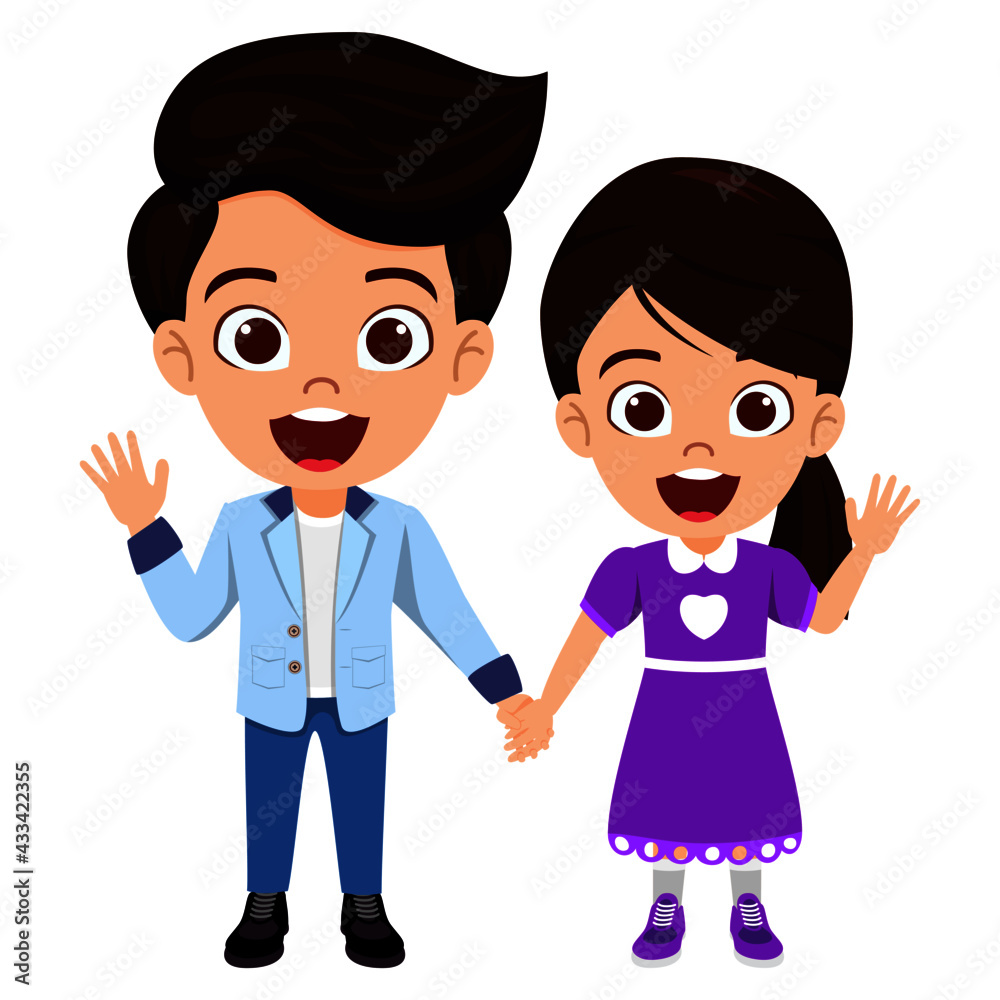 Happy cute kid boy and girl characters wearing beautiful outfit holding hands together and waving posing isolated Happy cute kid boy and girl characters wearing beautiful outfit holding hands together and waving posing isolated