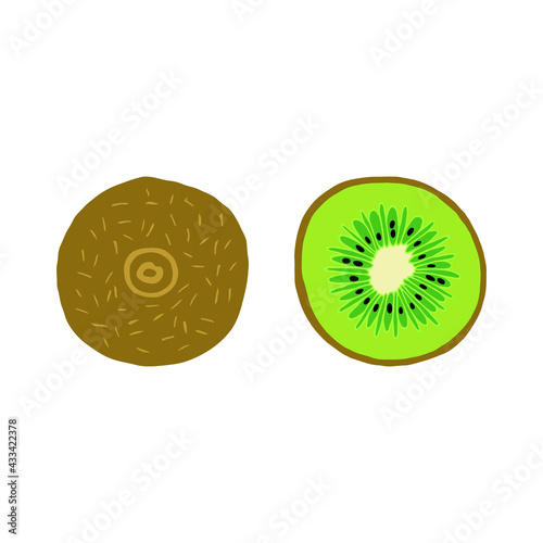 Bright vector illustration with kiwi and kiwi slice on a white background.