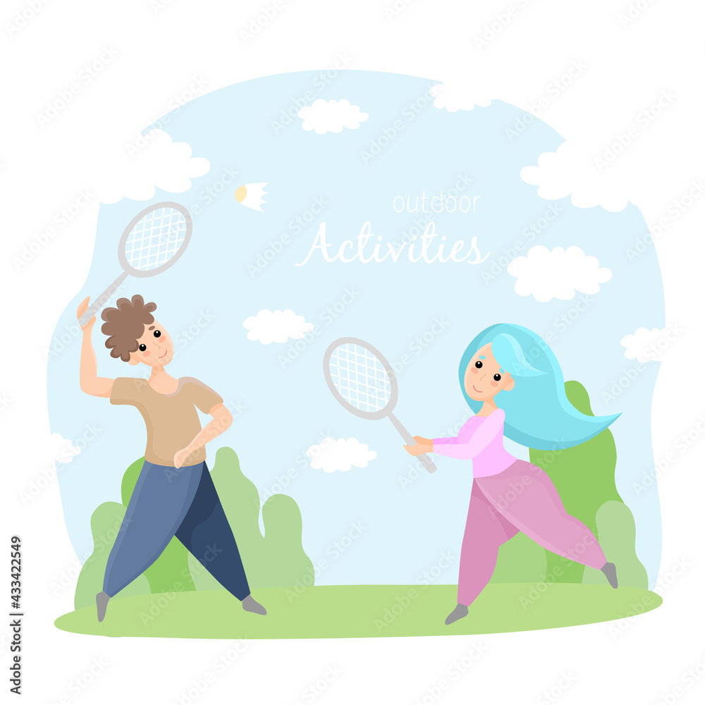Happy people, woman and man, playing badminton outdoor.  Cloudy blue sky and forest background. Text - summer activities