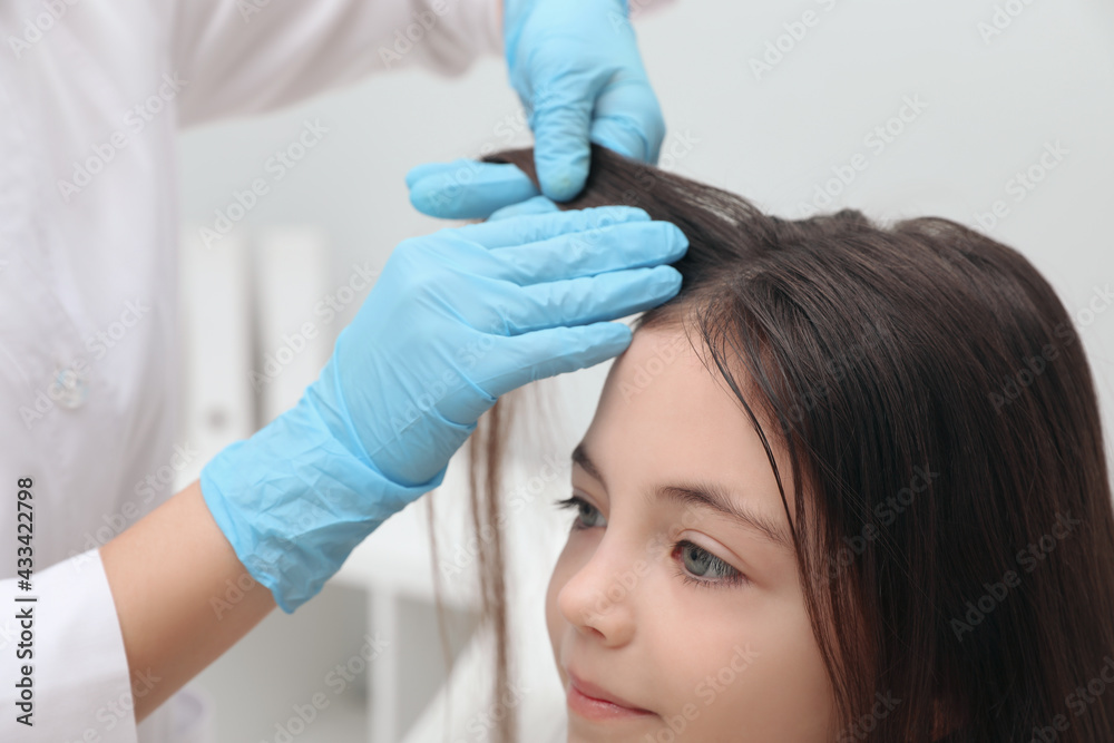 Doctor examining little girl's hair indoors. Anti lice treatment Doctor examining little girl's hair indoors. Anti lice treatment