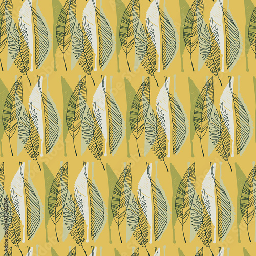 Seamless pattern with tropical leaves in retro 1970s style. Vector illustration in pastel colors on ochre backgroud for surface design and other design projects