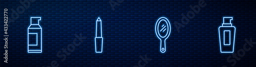 Set line Hand mirror, Spray can for hairspray, Nail file and Bottle of shampoo. Glowing neon icon on brick wall. Vector
