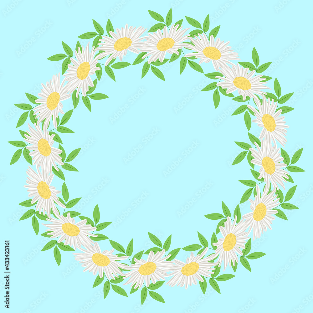 Round frame with white daisies. Vector. Gerbera or chamomile flowers in a circle with leaves. Floral delicate frame with place for text. Postcard or invitation, template.