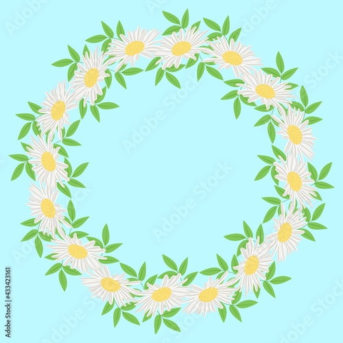 Round frame with white daisies. Vector. Gerbera or chamomile flowers in a circle with leaves. Floral delicate frame with place for text. Postcard or invitation, template. © Татьяна Клименкова