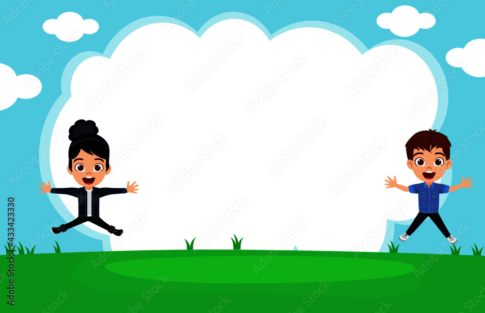 Happy cute kid boy and girl character wearing beautiful outfit jumping on garden background isolated with cheerful expressions Happy cute kid boy and girl character wearing beautiful outfit jumping on garden background isolated with cheerful expressions