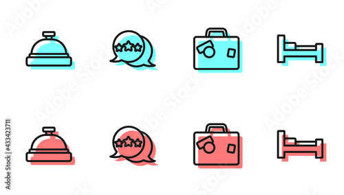 Set line Suitcase, Hotel service bell, Five stars rating review and room bed icon. Vector