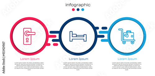 Set line Door handle, Hotel room bed and Suitcase. Business infographic template. Vector