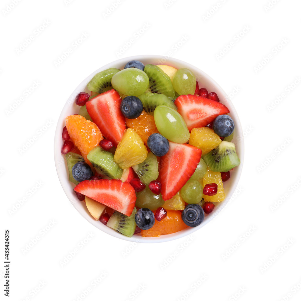 Delicious fresh fruit salad in bowl on white background, top view