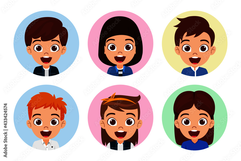 Happy cute kid boys and girls character avatar set collection wearing beautiful outfit posing in circle shape colorful isolated on white background Happy cute kid boys and girls character avatar set collection wearing beautiful outfit posing in circle shape colorful isolated on white background