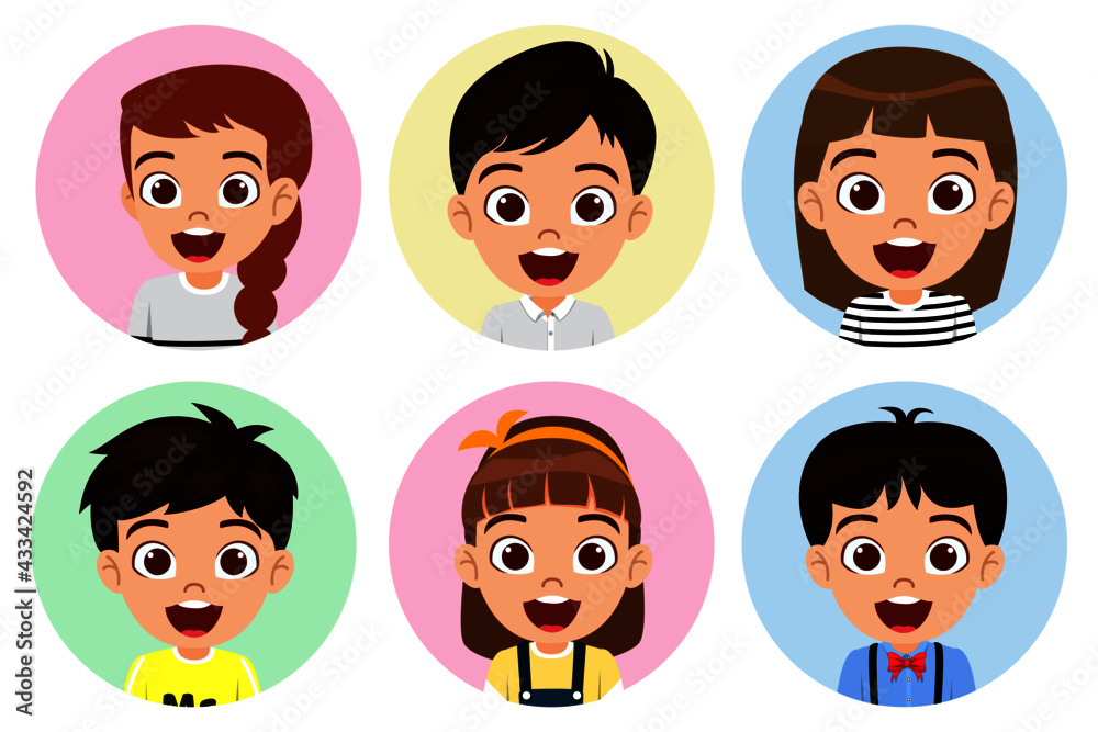 Happy cute kid boys and girls character avatar set collection wearing beautiful outfit posing in circle shape colorful isolated Happy cute kid boys and girls character avatar set collection wearing beautiful outfit posing in circle shape colorful isolated