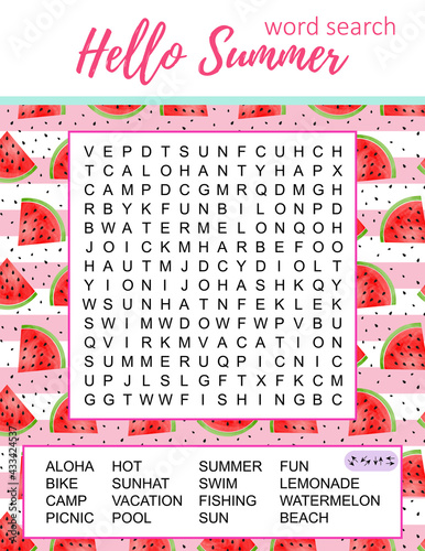 Summer word search puzzle.  Educational game. Crossword suitable for social media post. Party card. Printable colorful worksheet for learning English words. Watermelon vector illustration