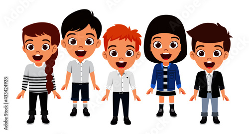 Happy cute kid boys and girls character set collection wearing beautiful outfit standing and posing isolated