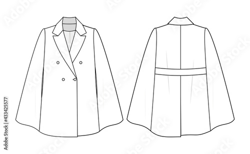 Fashion technical drawing of the cape. Cape coat fashion flat template.