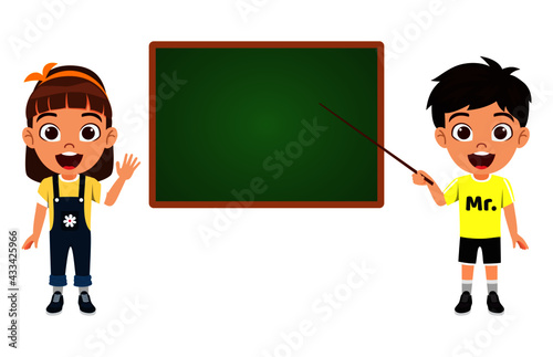 Happy cute kid boy girl character standing with class room board and pointing to it