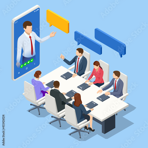 Isometric video conference. Online meeting work form home. Business analysis, analytics, research, strategy statistic, planning, marketing, study of performance indicators.