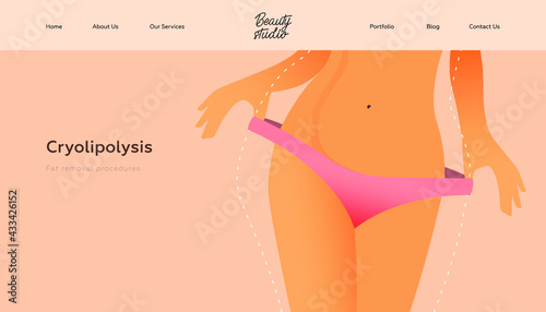 Cryolipolysis. Fat Removal Procedures. Beauty Studio Landing Page Design Template. Website Banner. Female Body in Pink Underwear with Dash Line Showing Successful Weight Loss on Beige Background. photo