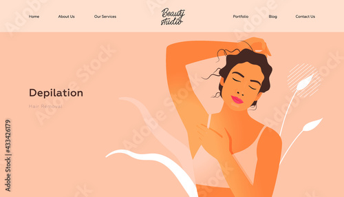 Depilation. Hair Removal. Beauty Studio Landing Page Design Template. Website Banner. Female with Healthy Skin Portrait Shows on her Armpit on Abstract Beige Background.