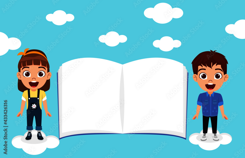 Happy cute kid boy and girl characters wearing beautiful outfit standing with blank white blank white book placard on sky background clouds isolated with cheerful expressions