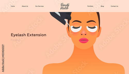 Eyelash Extension Procedure. Beauty Studio Landing Page Design Template. Website Banner. Female with Healthy Skin Portrait Doing Eyelash Extension Procedure. Safety Gloves. 