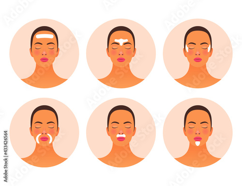 Set of Strip Lines Skin Care Badges. Modern Flat Vector Illustration. Woman with Beauty Strip Lines on Face. Website Template. Social Media Concept.