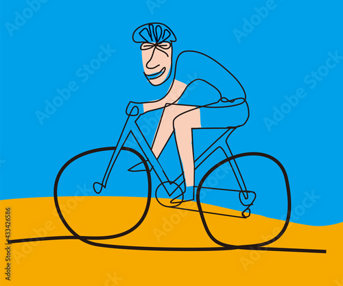 Cyclist, line art stylized cartoon. 
Stylized Illustration of laughing man on a bicycle on colorful background. Vector available.