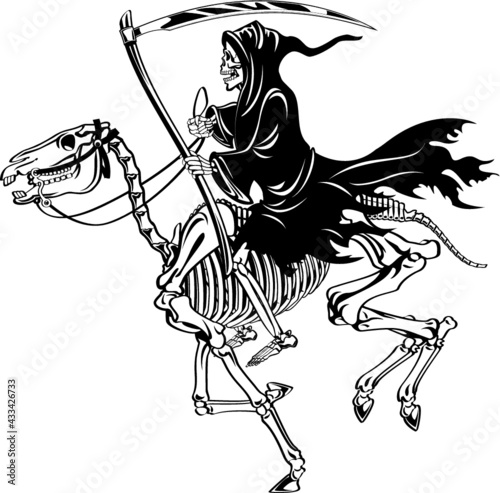 grim reaper with scythe riding skeleton horse
