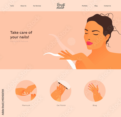 Take Care of Your Nails. Beauty Studio Landing Page Design Template. Website Banner. Beautiful Woman Shows on Empty Space on Abstract Background. Beauty Nail Studio Badges with Kinds of Services.