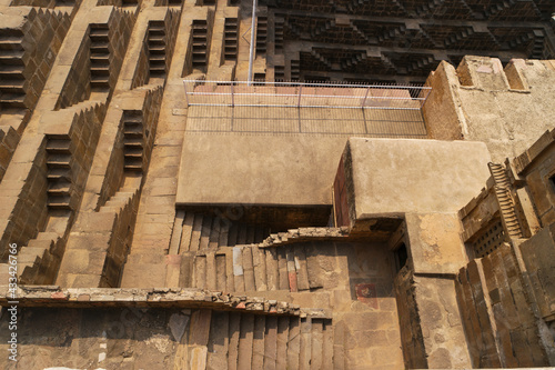 Aerial shot of Chand Baori site rich with stepwells and ponds in Abhaneri in Rajastan India photo