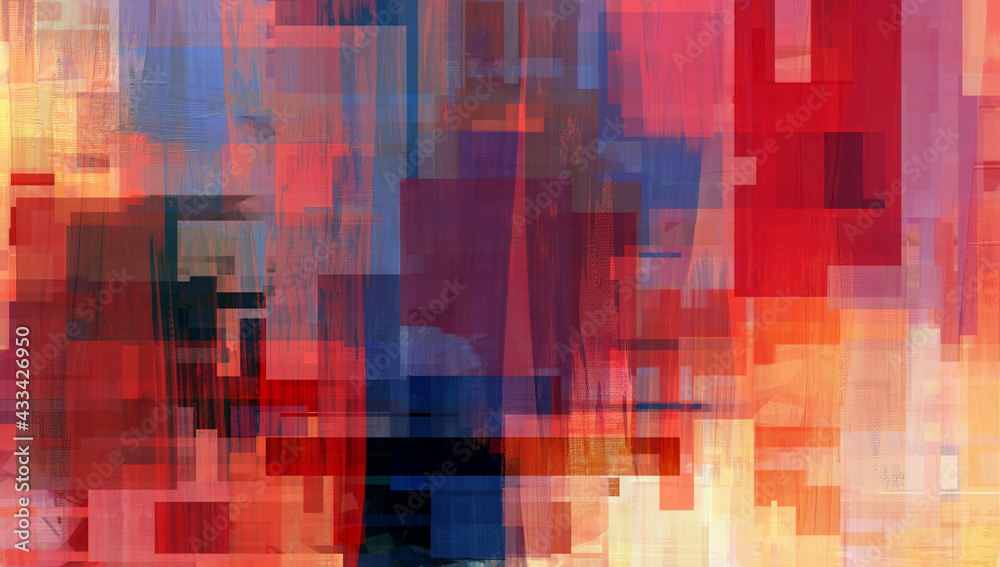 Colorful rectangles with red and blue, digital abstract painting. Beautiful artwork with warm colors