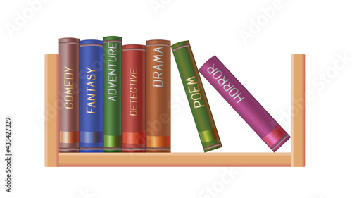 Set of books on the bookshelf. Many genres. Vector illustration. Isolated white background.