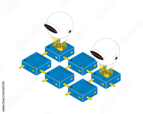 Blockchain Technology. Bitcoin Mining Isometric Composition. Blockchain and Cryptocurrency on White Background. Vector Illustration.