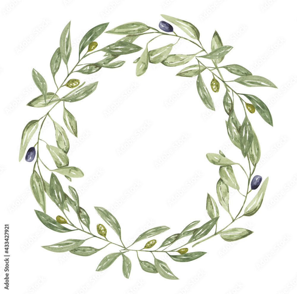 Fototapeta premium Watercolor olive wreath, olive frame with white background