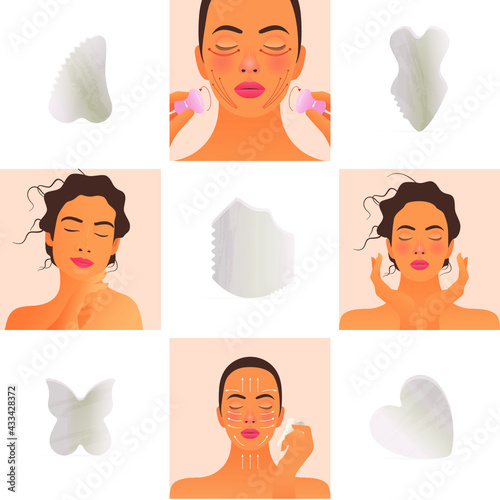 Beauty Care Social Media Design Template. Website Banner. Beauty Care Routine, Massage Lines, Gua Sha Stone Kinds with Marble Texture on Light Background. 