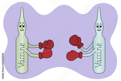 Vaccine. Boxing match. Colored vector illustration. Duel of coronavirus vaccines. Two glass vials of medicine. Difficult choice. Vaccines put on boxing gloves and wrestle. Cartoon style. 