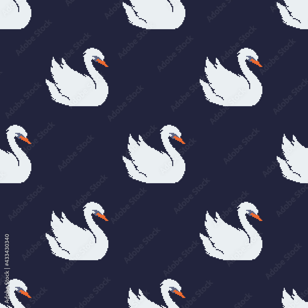 Obraz premium Pixel swan. Pixel art 8 bit vector illustration. Seamless pattern