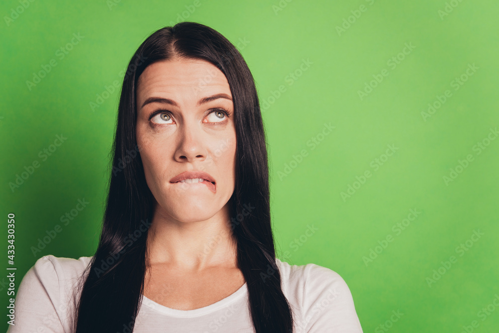 Photo of unsure thinking lady look empty space Photo of unsure thinking lady look empty space