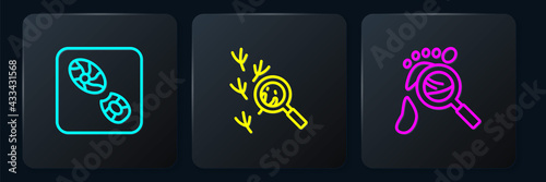 Set line Human footprints shoes, Magnifying glass with footsteps and Bird. Black square button. Vector