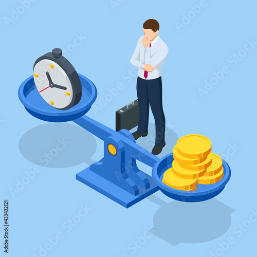 Isometric time is money concept. Money and time balance on scale. Financial investments, revenue increase, budget management, savings account.