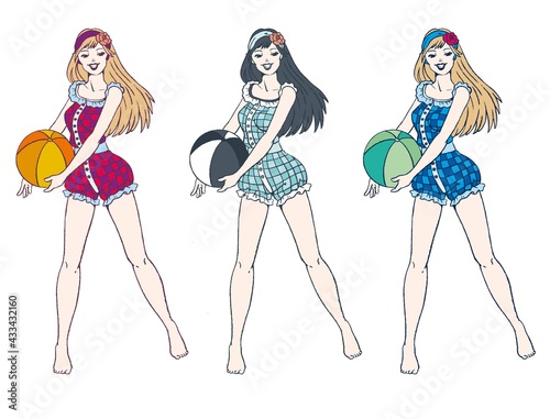 Three pin-ups dressed with a vintage checkered bathing suit playing beach volley