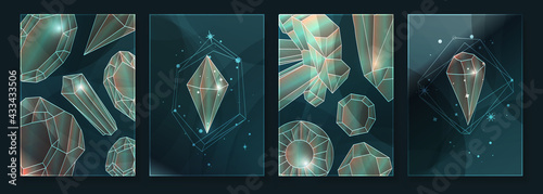Abstract contemporary art with crystal and gem geometry shapes. Esoteric mystical celestial sacred wall art with jewel stone. Wall decor painting. Minimalistic background design. Vector illustration.