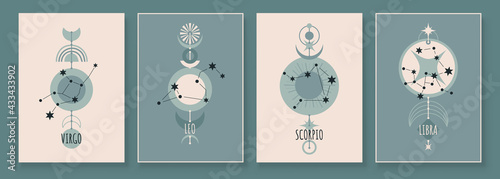 Abstract art with zodiac celestial sign and constellation. Virgo, Leo, Scorpio, Libra. wall art in vintage style. Wall decor painting. Minimalistic background design. Vector illustration.