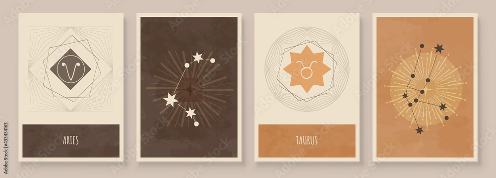 Abstract art with zodiac celestial sign and constellation. Taurus as Bull, Aries as Ram. Wall art in vintage style. Minimalistic background design. Vector illustration - obrazy, fototapety, plakaty 