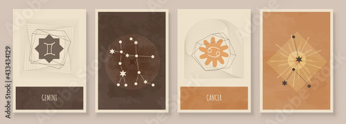 Abstract art with zodiac celestial sign and constellation. Cancer as crab, Gemini as Twins. Wall art in vintage style. Minimalistic background design. Vector illustration.