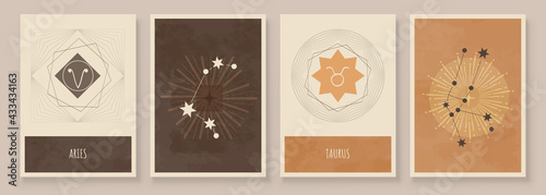 Abstract art with zodiac celestial sign and constellation. Taurus as Bull, Aries as Ram. Wall art in vintage style. Minimalistic background design. Vector illustration