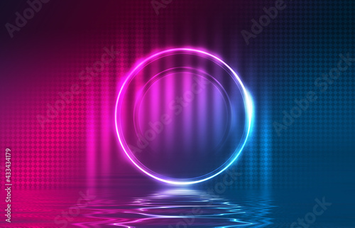 Dark ultraviolet abstract background. Circle laser figure on a dark abstract background. Beach party. Reflection on the water. 3d illustration